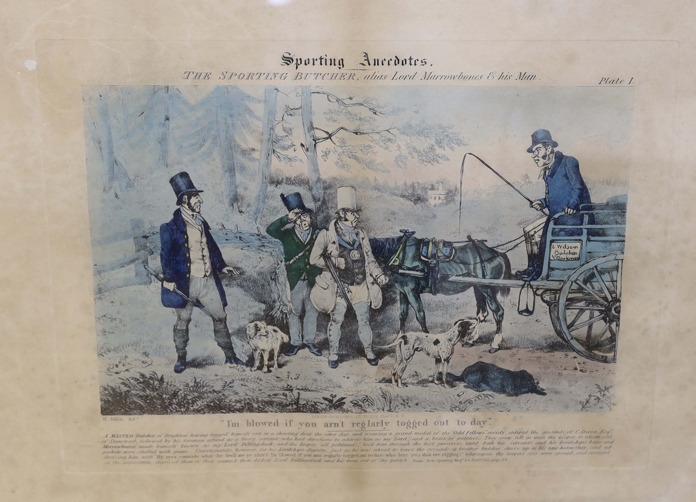 After Henry Thomas Alken (1785-1851) set of four colour etchings, Sporting Anecdotes including 'The Sorting Bishop' and 'The Hunted Tailor', each 53 x 40cm